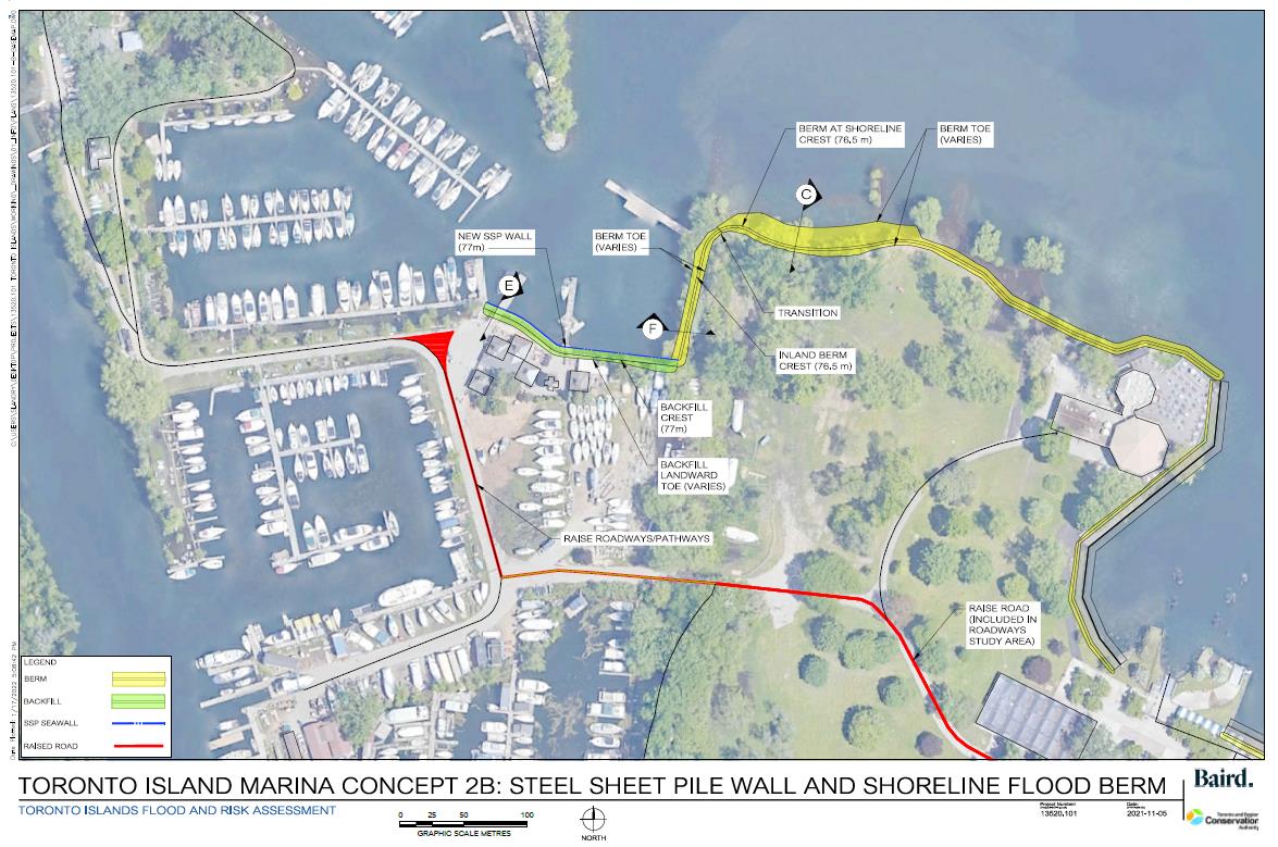 Map of Toronto Island Marina showing steel sheet pile wall, raised roadways and shoreline flood berm.