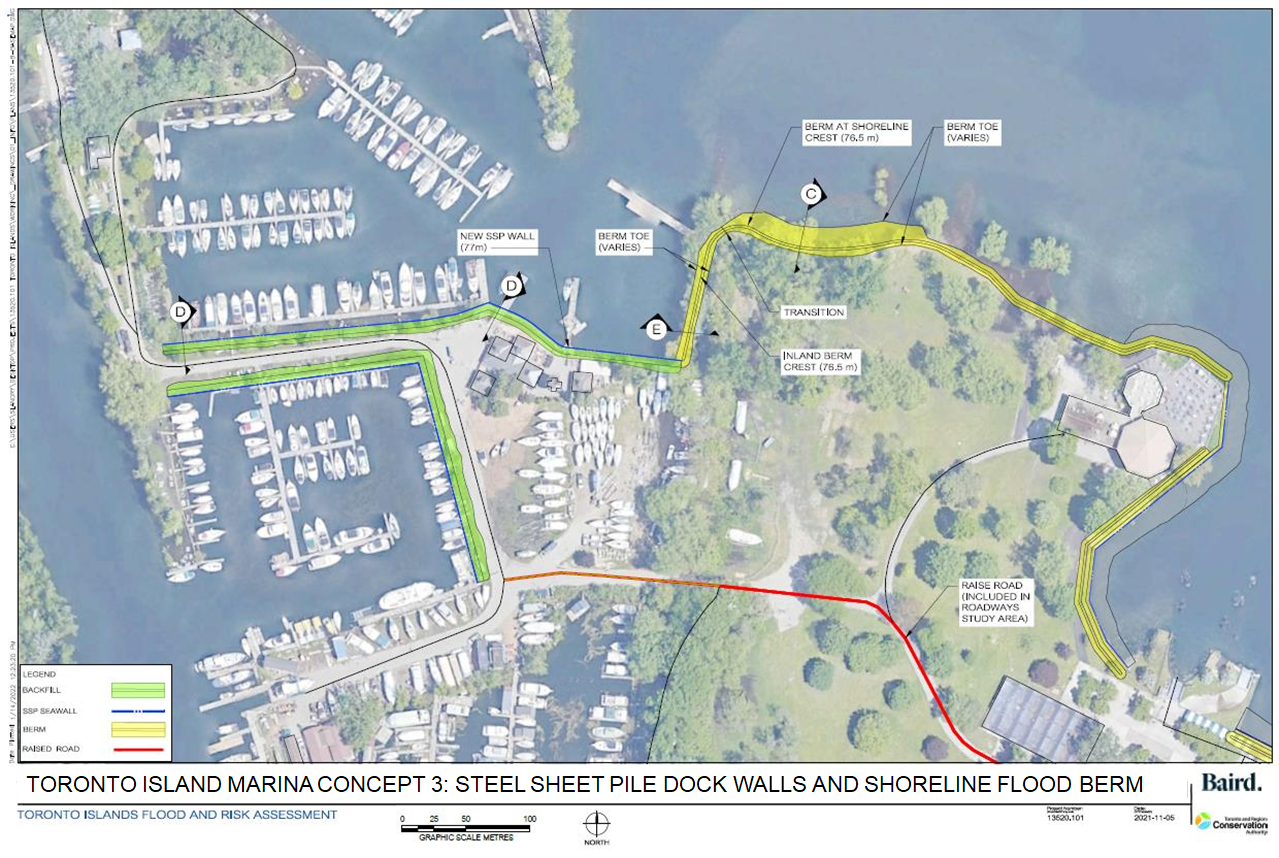 Map of Toronto Island Marina showing steel sheet pile walls, raised roadways and shoreline flood berm.