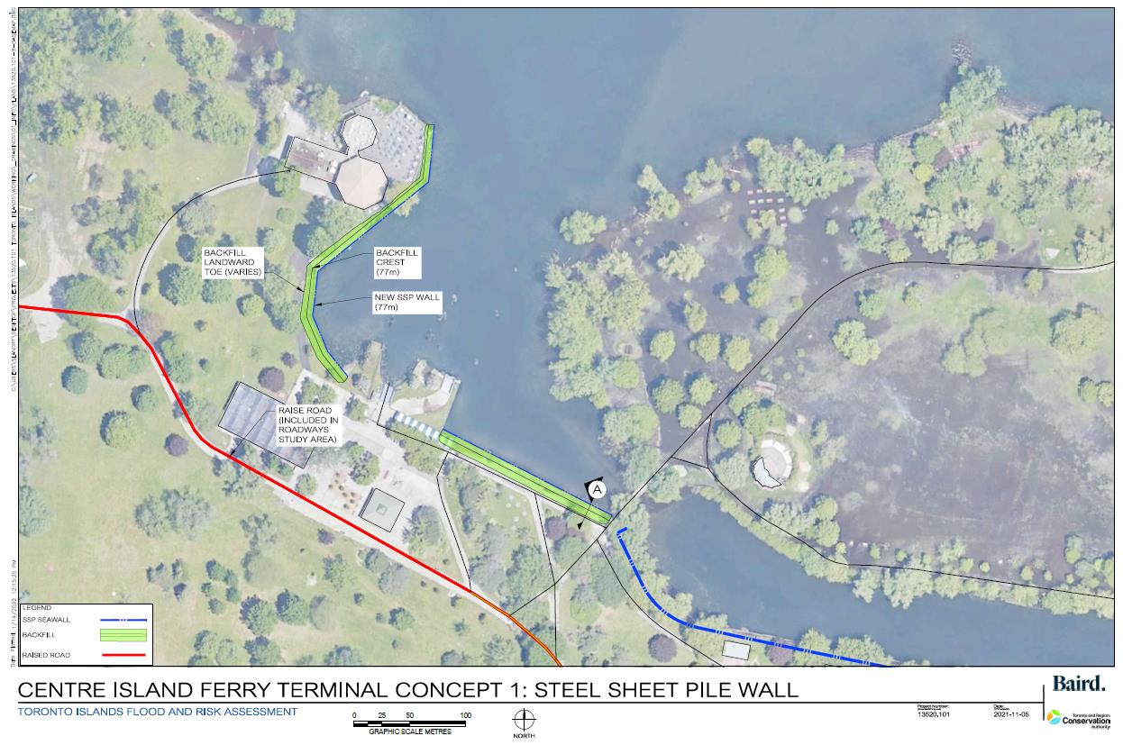 Map of Centre Island Ferry Terminal showing a steel sheet pile wall.