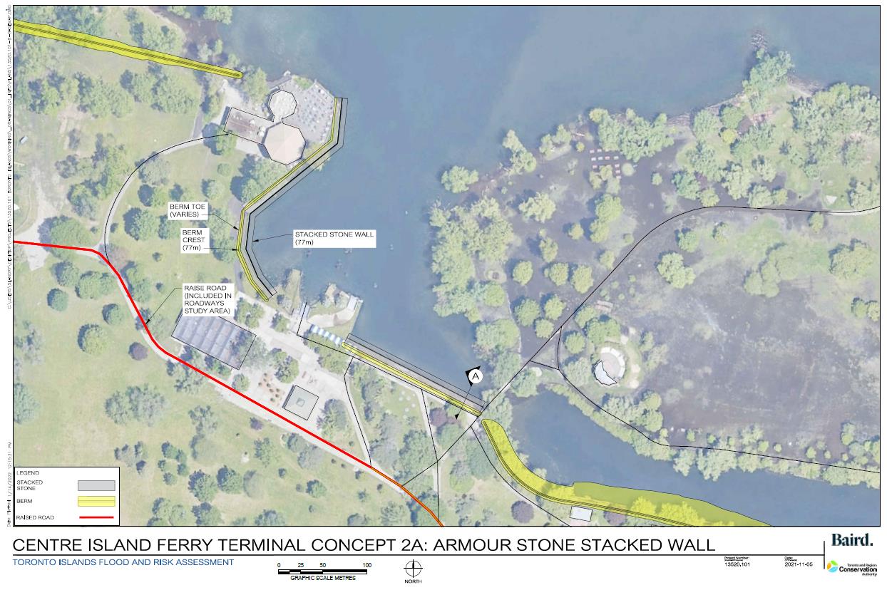 Map of Centre Island Ferry Terminal showing an armourstone stacked wall treatment.