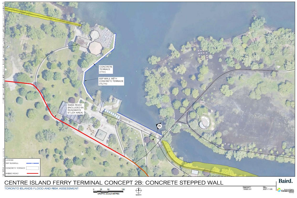 Map of Centre Island Ferry Terminal showing a concrete stepped wall treatment.