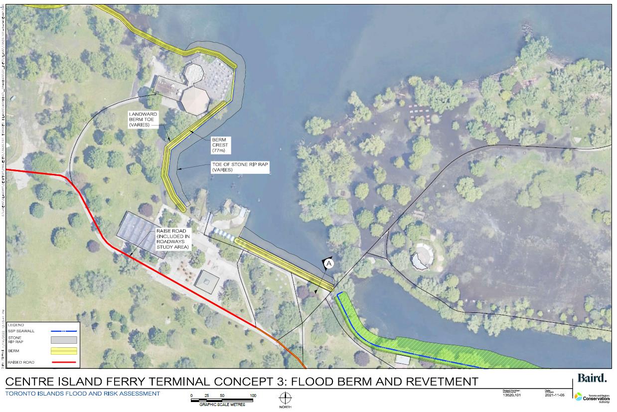 Map of Centre Island Ferry Terminal showing a flood berm and revetment treatment.
