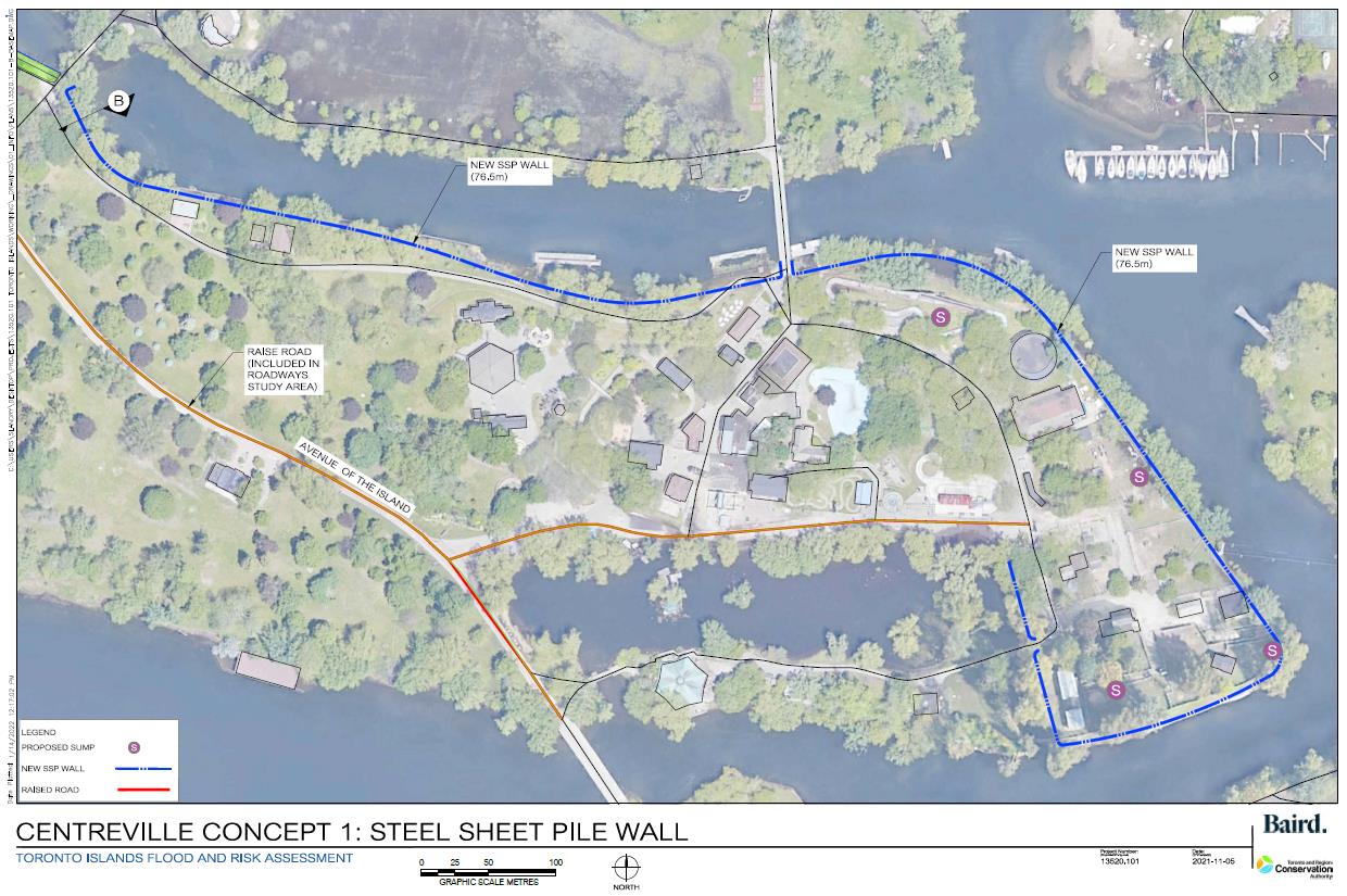 Map of Centre Island Centreville showing a steel sheet pile wall revetment treatment.