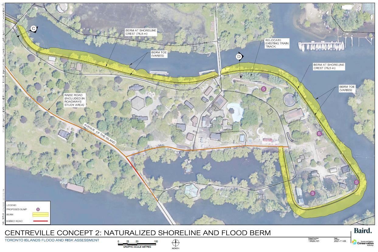 Map of Centreville showing a naturalized shoreline and flood berm treatment.