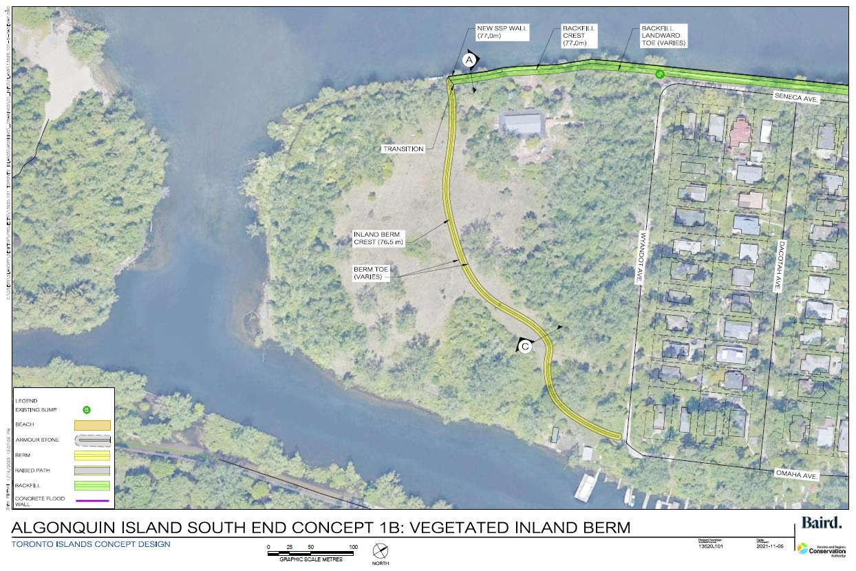 Map of Algonquin Island South End showing a vegetated berm around Montessori School and through a wooded area.