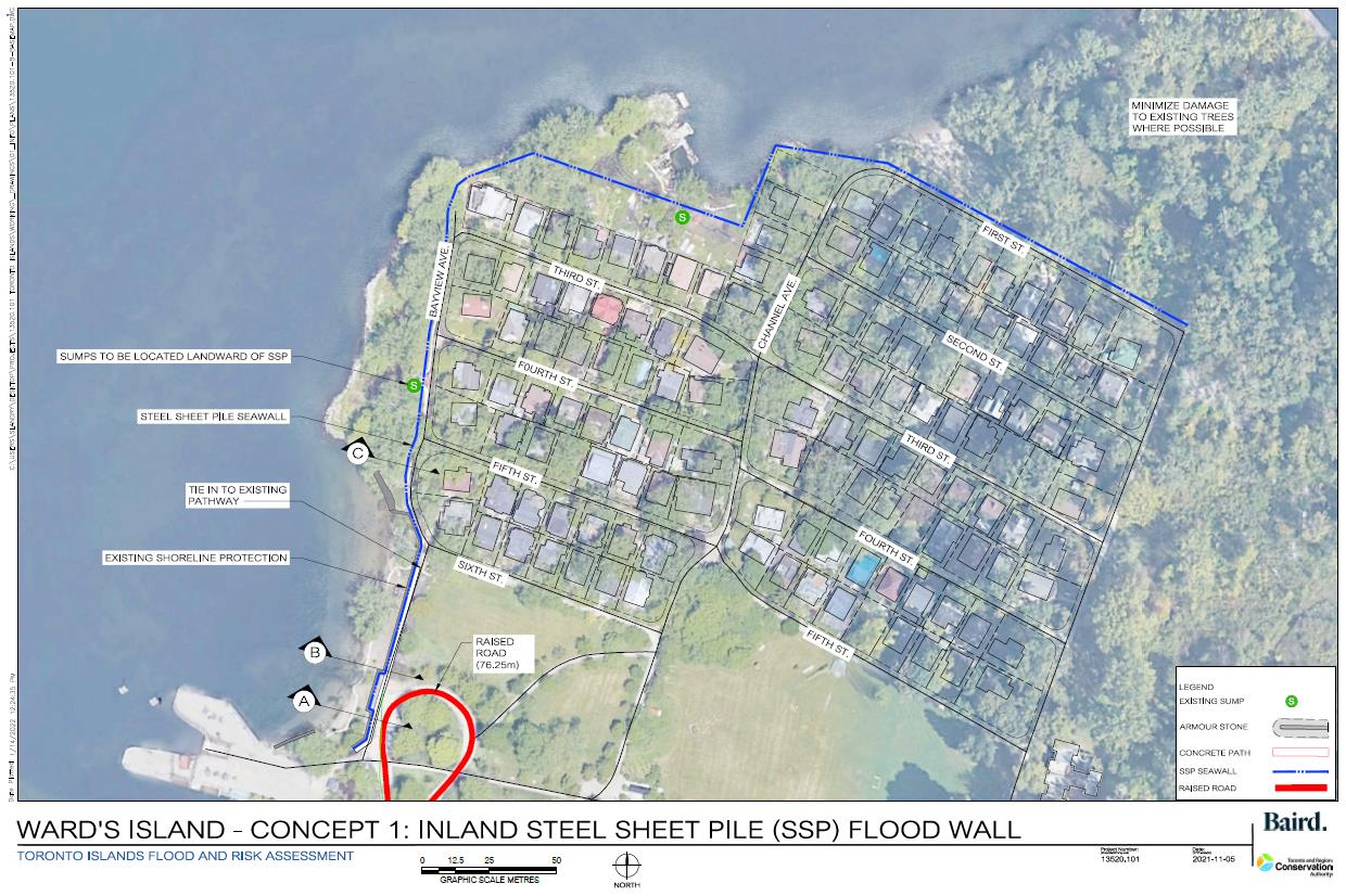 Map of Ward’s Island showing inland steel sheet pile flood wall along Bayview Avenue and First Street.