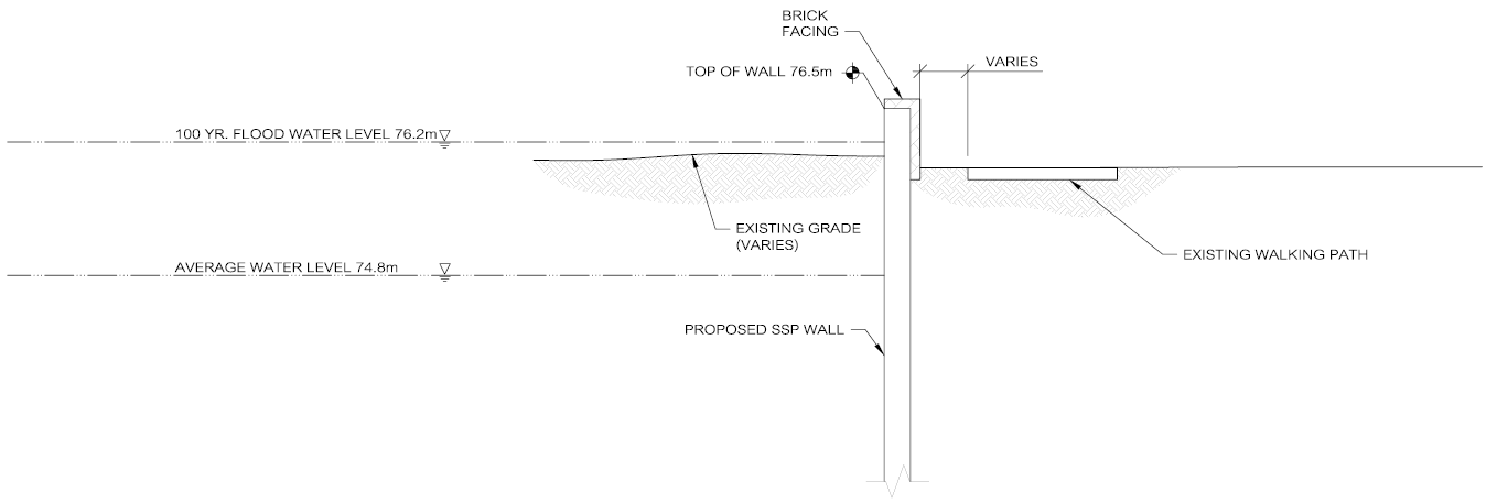 Cross-section of sheet pile wall with existing sidewalk.