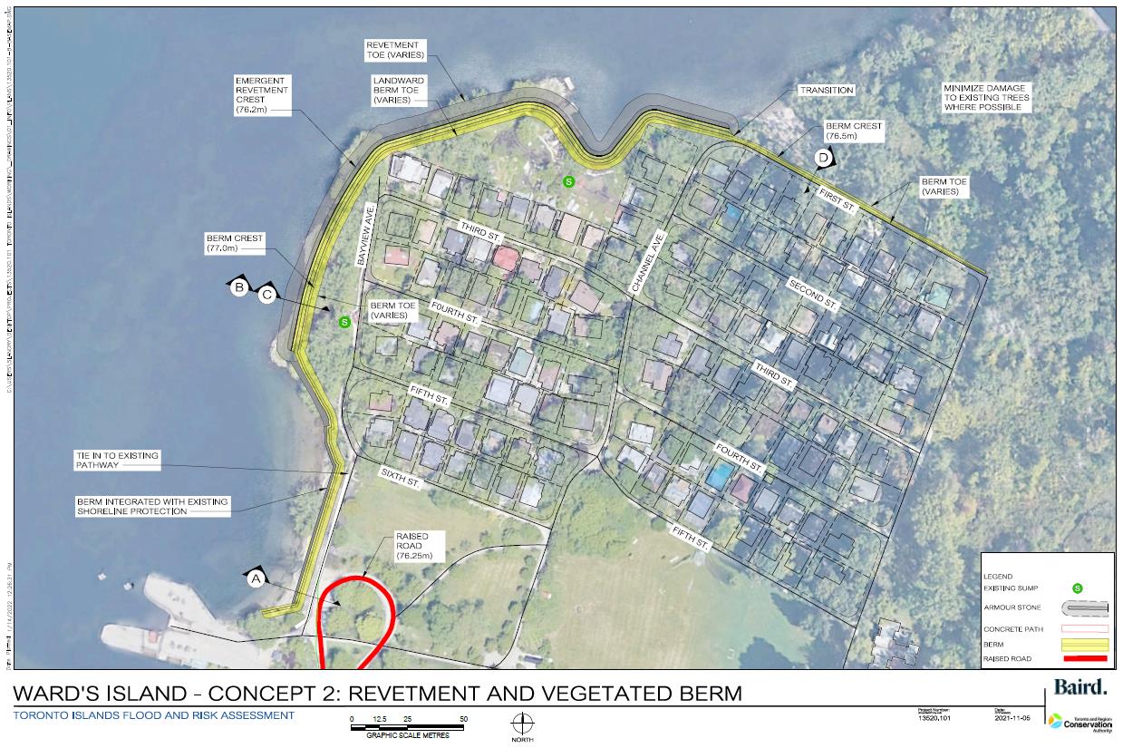 Map of Ward’s Island showing revetment and vegetated berm along the shoreline.
