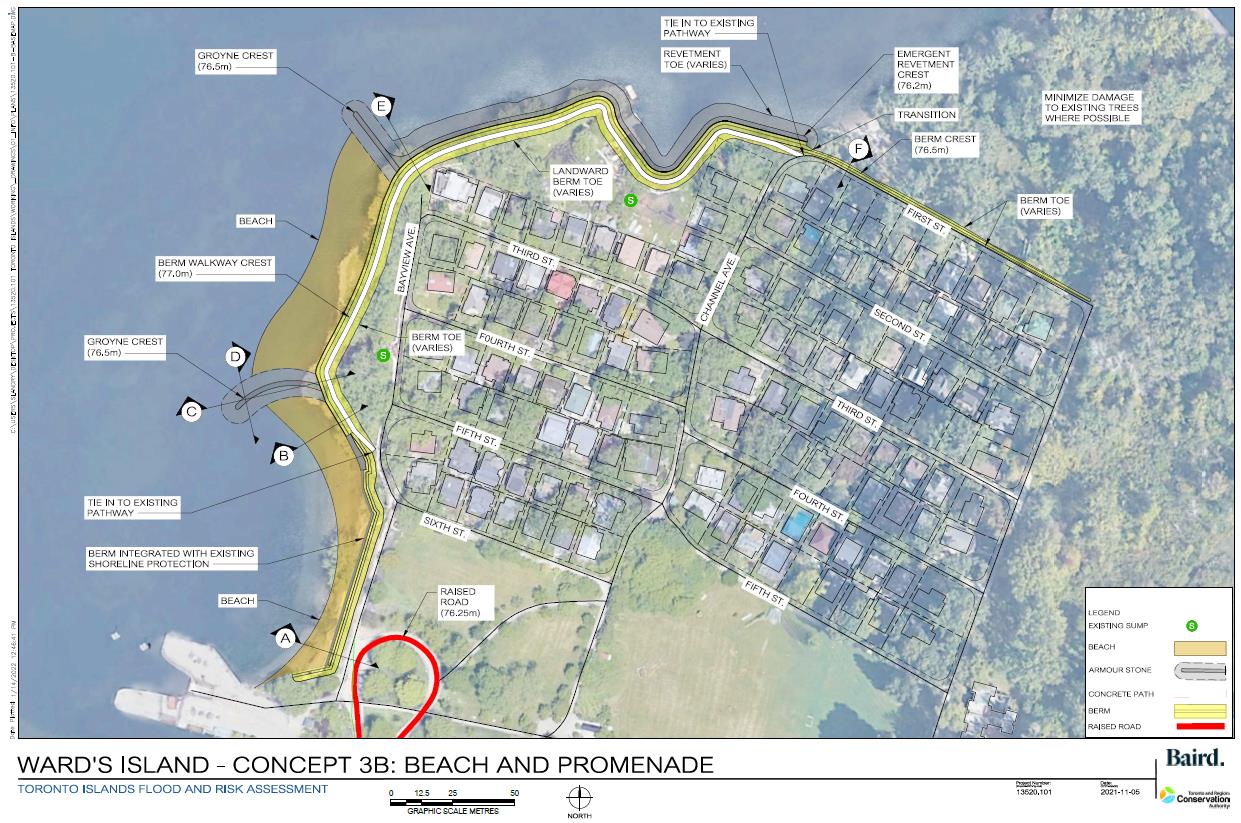 Map of Ward’s Island showing berm walkway with two groynes and beaches along the shoreline.