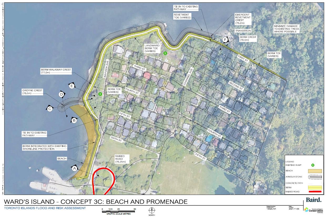 Map of Ward’s Island showing berm walkway with one groyne and beach along the shoreline.