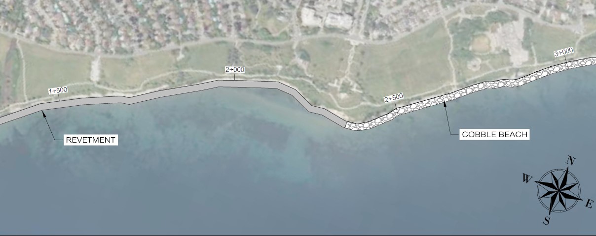 Map showing Reaches 5 and 6, with different coloured lines showing proposed concepts for the area. Labels read (left to right): revetment, cobble beach.