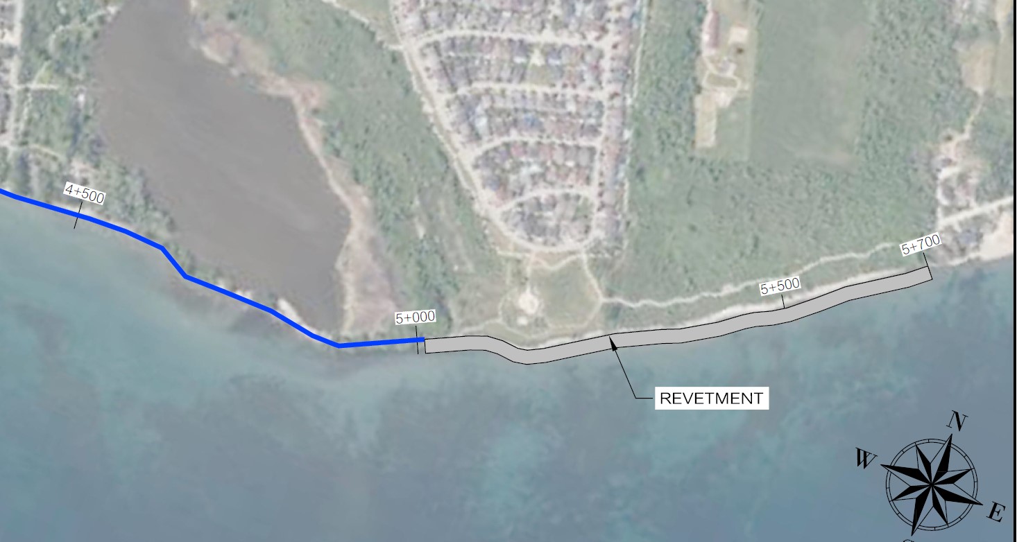 Map showing Reach 12, with a grey line along the shoreline representing the proposed concept. The line is labelled: revetment.