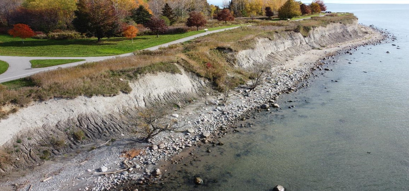 Drone photo of the shoreline showing erosion damage and land loss on the bluffs, close to the Waterfront Trail.