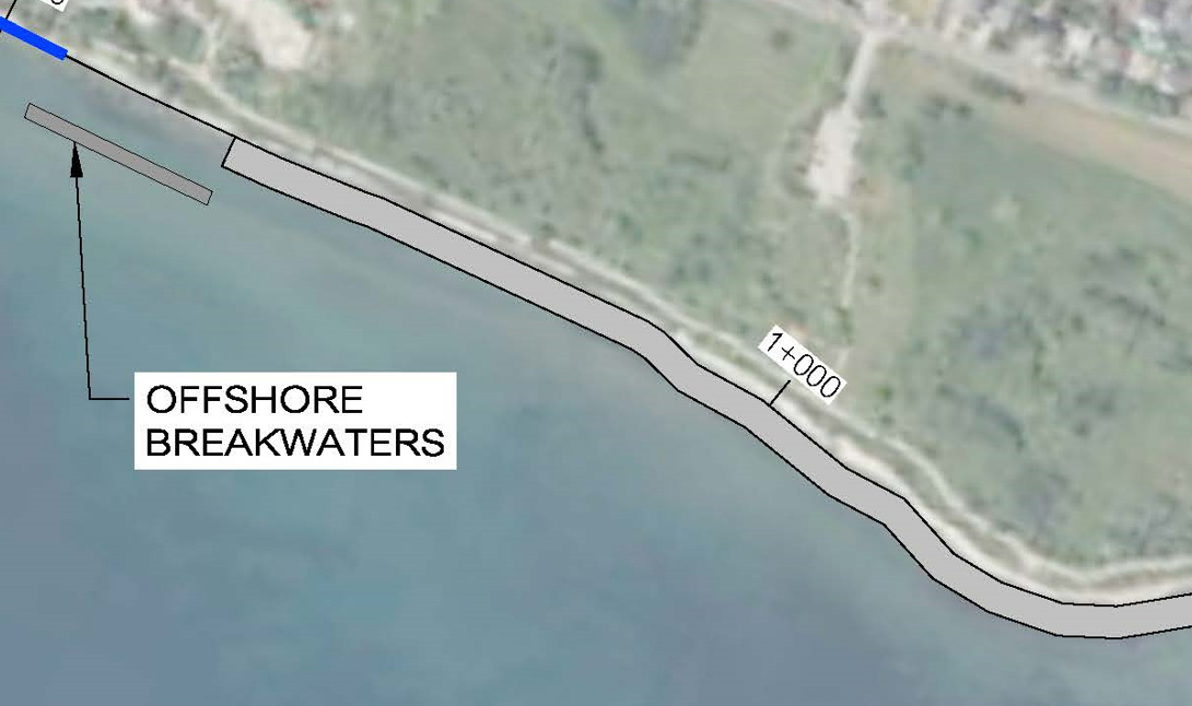 A map showing Reaches 3 and 4 with lines representing the proposed concept designs along the shoreline. Labels read (right to left): offshore breakwater, revetment