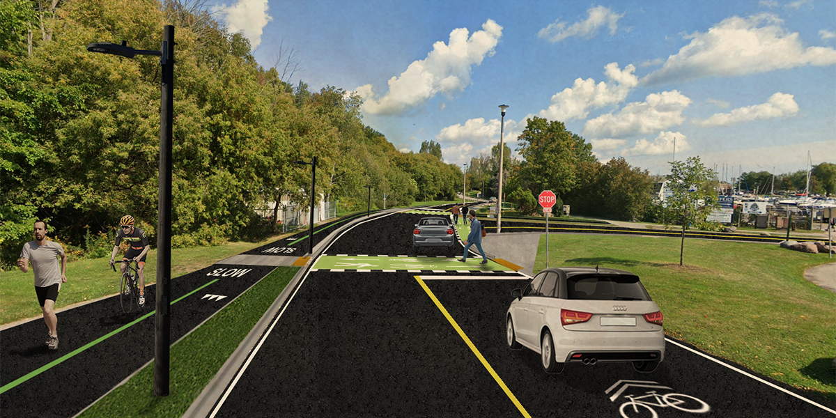 Street rendering with all-way stop intersection near Bluffer's Park Marina with dedicated crosswalks and multi-use recreational trail.