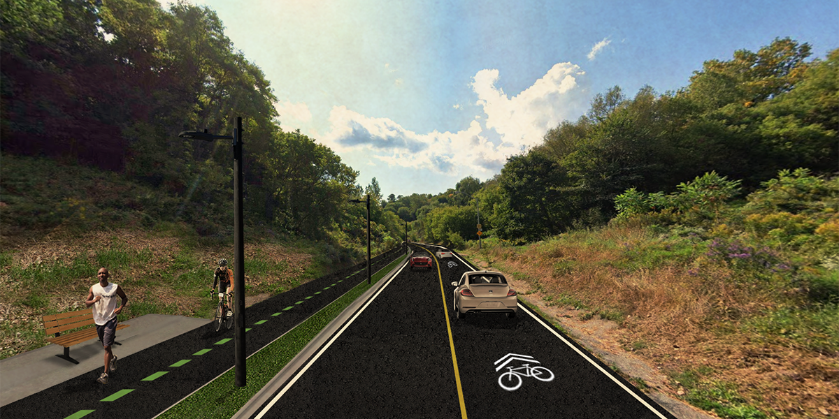 Street rendering for multi-use recreational trail and two-way road traffic with a boulevard separating the road from the trail.