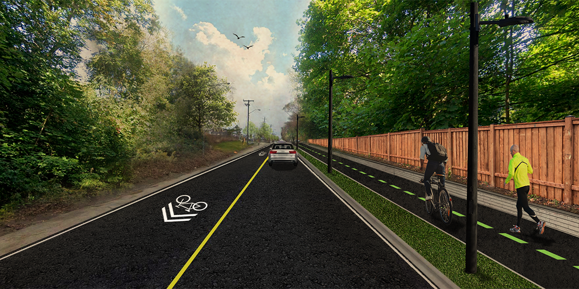 Street rendering for multi-use recreational trail and two-way road traffic