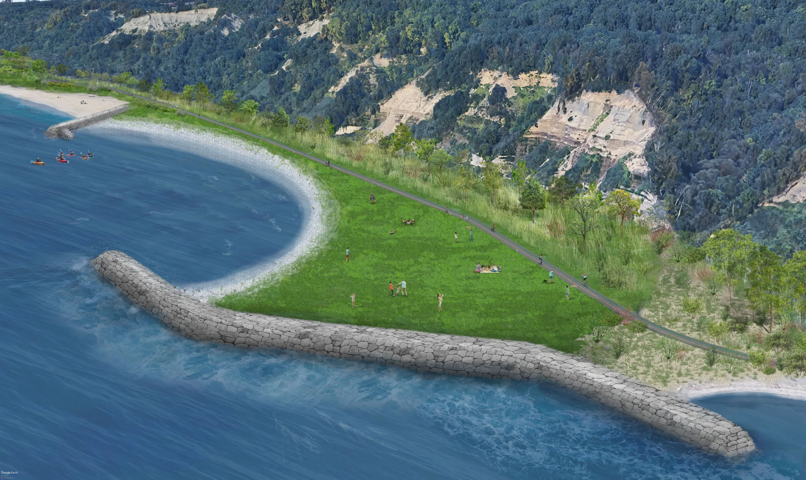 Landform headland covered in greenery, natural wetland area, shoreline, pedestrian and cyclist trail