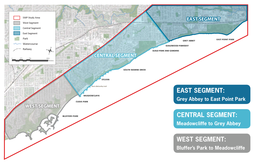 Map showing the sections of land for the Scarborough waterfront project divided into three segments