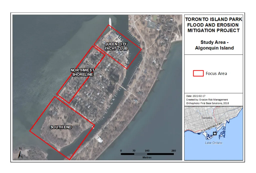 Map of the Centre Island study area showing the three focus areas.