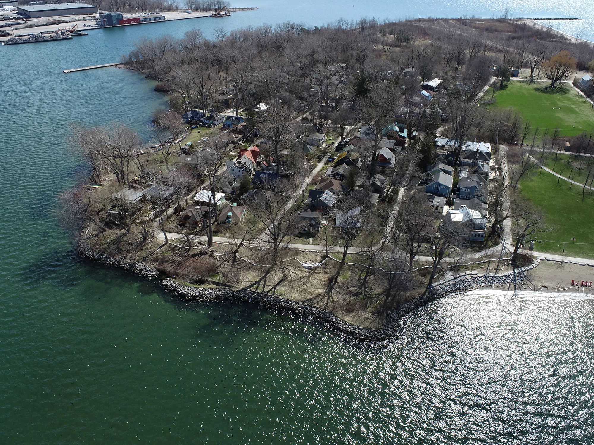 Aerial view of Ward’s Island Focus Area showing shoreline and residential area.