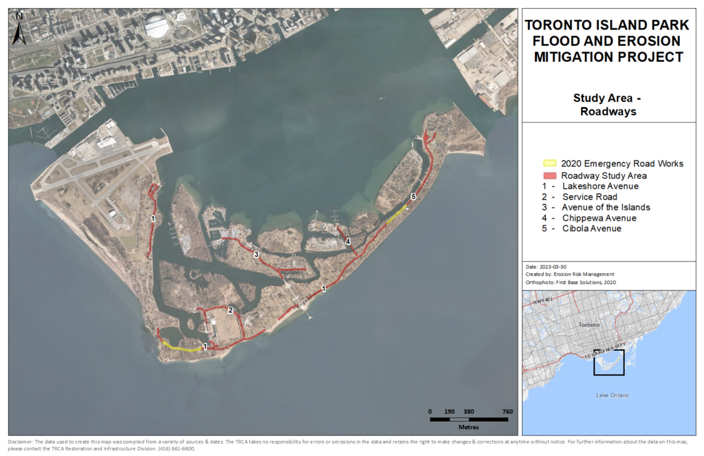 Map of the Toronto Island’s Roadway study area showing which roads are included as well as what sections were completed as part of the 2020 emergency works.