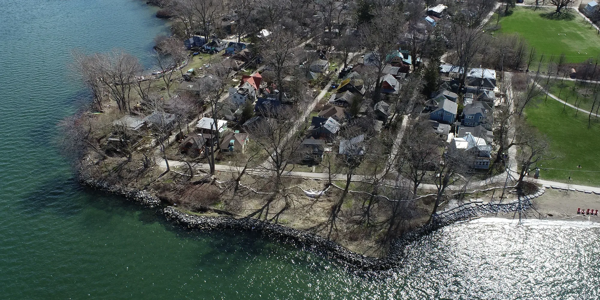 Aerial view of Ward’s Island Focus Area showing shoreline and residential area.